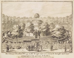 Topiary labyrint med fire utganger og en sentral haug, gravert av Johannes Van den Aveele (d.1727)